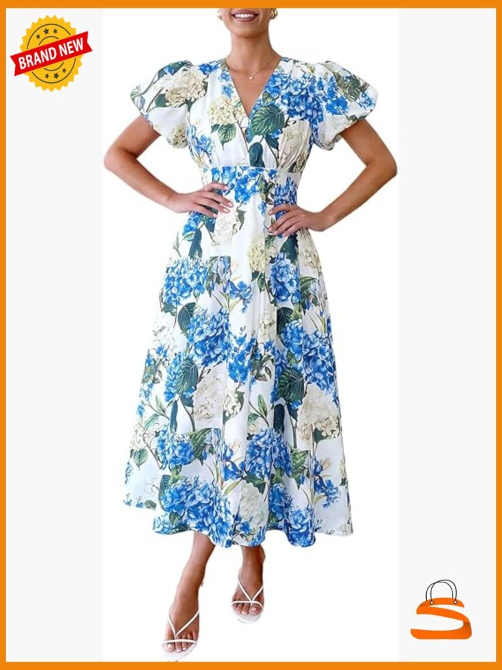 Bohemian V-Neck Floral Maxi Dress with Elastic Waist, Linen Cotton Blend